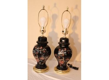 Pair Of Vintage Ginger Jar Table Lamps Painted Floral Design