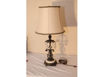 Antique Bronze & Marble Table Lamp With Vintage Crystals And Lamp Shade