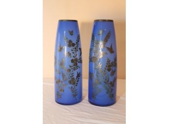 Vintage Pair Of Blue Glass Gold Painted Flowers  Vases