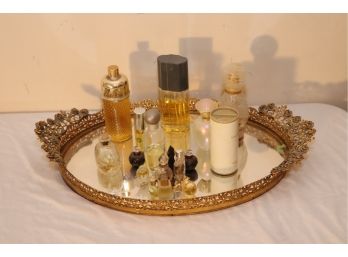 Vintage Brass And Mirror Vanity Tray With Perfume Bottles