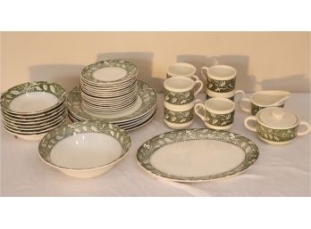 Green And White China Set Plates Bowls  Coffee Cups 38 Pieces