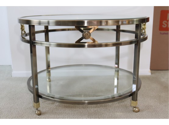 Vintage Brushed Nickel And Brass Glass Top Coffee Table