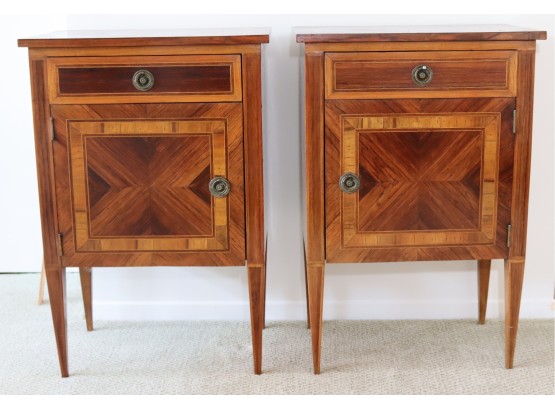 Pair Of Vintage Inlaid Wooden Side Table Cabinets