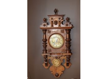 Ornate Wooden Brass Face Key Wind Pendulum Wall Clock
