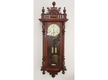 Antique 2 Weight Ornate Wooden Key Wind Pendulum Wall Clock