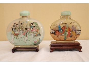 Pair Of Antique Japanese Painted Glass Snuff Bottles With Jade Stoppers