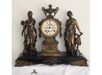 Antique Ansonia Figural Double Bronze Statue Spelter Iron Base Mantel Clock