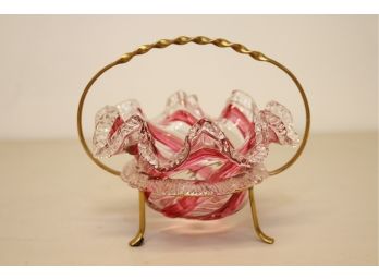 Antique Crystal Clear & Pink Swirl Bowl With Brass Handle Stand Art Glass