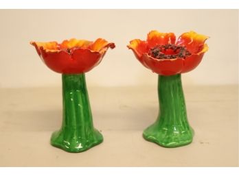 Pair Of Ceramic Poppy Flower Candle Holders