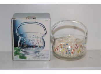 New In Box Laura Handled Glass Basket Floral Print