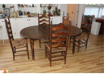Expandable Dining Room Table 2 Leaves 4 Ladder Back Chairs Woven Rope Seats