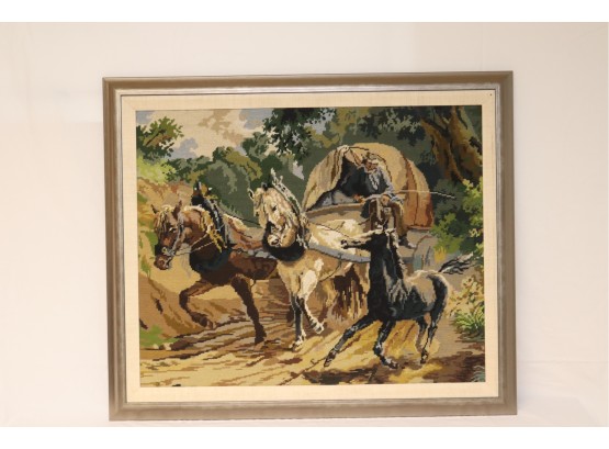 Vintage Framed Needlepoint Covered Horse Drawn Wagon Scene