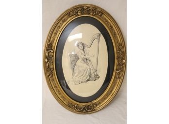 ANTIQUE 1909 PF COLLIER & SON OVAL FRAME PRINTED DRAWING Of Woman Playing Harp