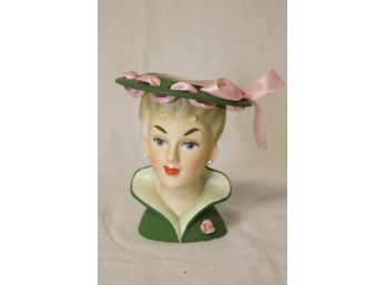 Vintage Relpo Lady Head Vase K-1614 Green Dress
