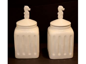 Pair Of Seahorse Ceramic White Canisters By Home Essentials