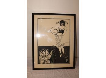 Vintage Black And White Framed Nude Woman Sitar Print