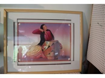 Framed Southwest Native American Woman With Painted Pot