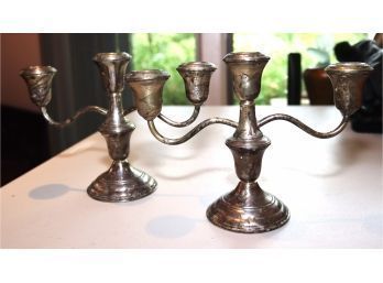 Pair Reed & Barton Sterling Silver Triple Candleholders Candlesticks Candelabra Weighted