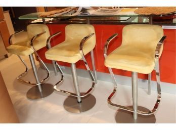 Set Of 3 Chrome And Suede Swivel Counter Stool Chairs