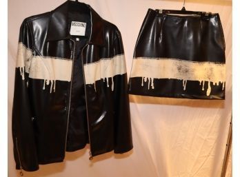 RARE 1990's Moschino Drip Paint Motorcycle Biker Leather Jacket & Skirt Size 8  (BR-18)