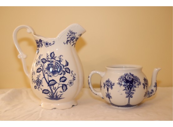 Blue And White Ceramic Buffalo Pottery Teapot And Unmarked Pitcher