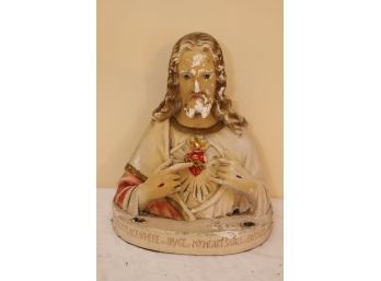 Vintage Large 12' SACRED HEART Of JESUS Chalkware Bust W/ Candle Holders PSCI