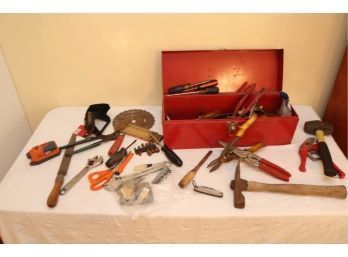 Assorted Tools In Red Metal Tool Box