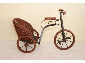 Vintage Wood/ Metal Doll Tricycle With Woven Wicker Seat