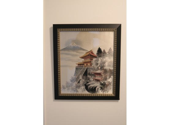 Embroidered Japanese Asian Silk Art Tapestry Framed Picture Pagoda