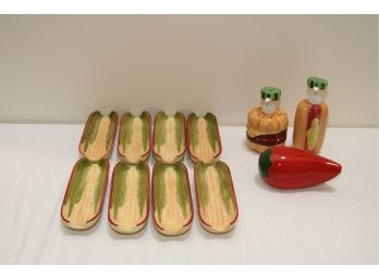 Set Of 8 Pfaltzgraff Napoli Corn Dish   Hot Dog / Hamburger Ketchup & Mustard Dispenser   Chile Salsa Dish