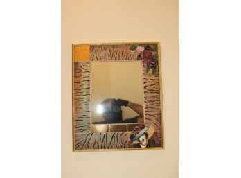 Vintage Tiger Mirror (Not Carole Baskin) Floral Woman With Hat Hand Painted Tile Signed Tickacy 1/99