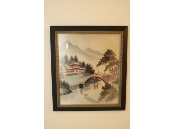 Embroidered Japanese Asian Silk Art Tapestry Framed Picture Pagoda