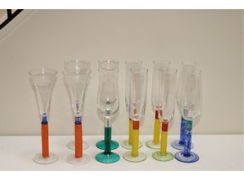 Set Of 11 Glasses Murano Style Hand Blown Stemware, Colored Glass Champagne Wine Glasses