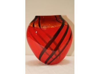 Red And Black Hand Blown Art Glass Vase Signed Weiu(?) 7/06