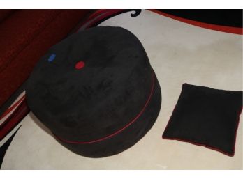 Round Living Room Ottoman And Matching Pillow Charcoal Grey Suede & Red Trim Seat