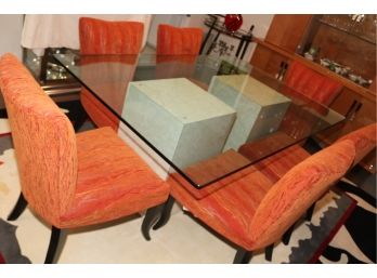 Glass Top Modern Dual Pedestal Dining Room Table And 6 Chairs