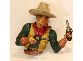 Vintage Plaster Cowboy WALL HANGING Bust WITH 6 SHOOTERS!   Needs Repair.
