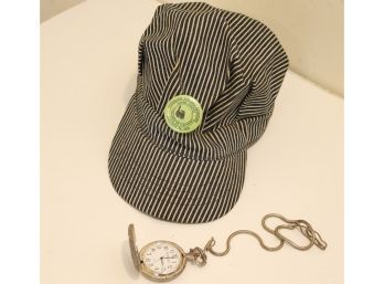 Vintage Train Conductors Hat And Pocket Watch