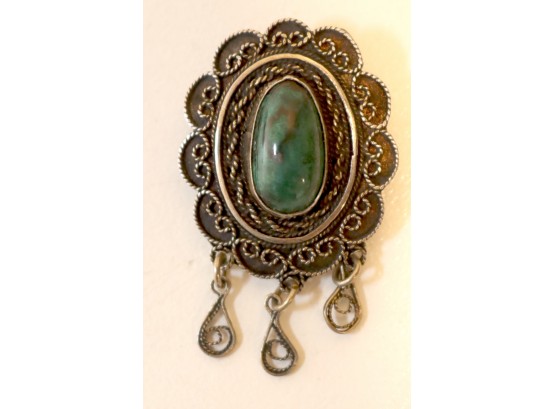 Vintage Sterling Silver Israel Green Malachite Stone Pendant Brooch Pin (J-23)