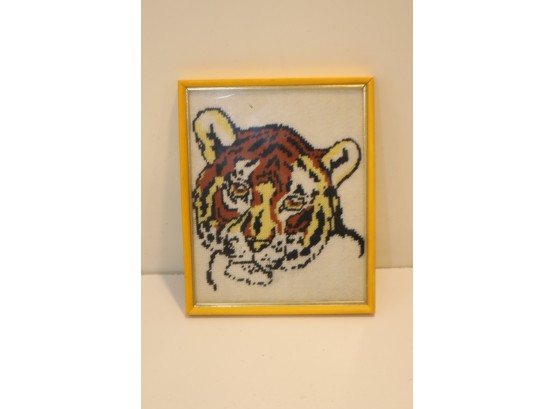 Vintage Yellow Framed Needlepoint Tiger