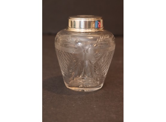 Vintage Silver Top Etched Glass Vanity Bottle Jar  Decanter