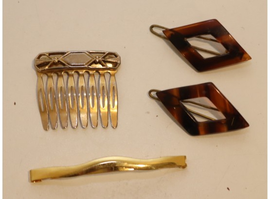 Vintage Pair Tortoise Barrettes France  Gold Hair Comb And Barrette