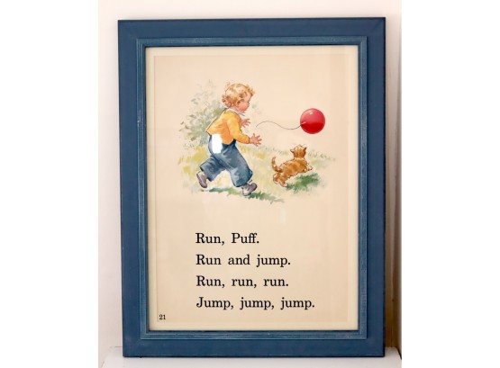 Vintage Dick & Jane Framed Children's Book Pages 'Run, Puff.   Run & Jump. Run, Run, Run. Jump, Jump, Jump.'