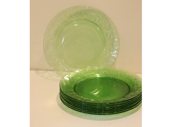 Vintage Set Of 8 Clear Green Glass Plates Made In USA