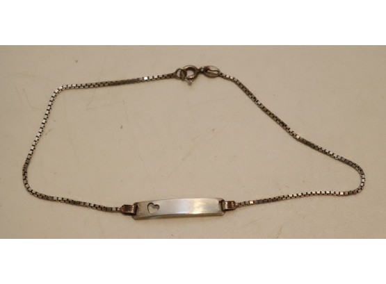 Vintage Sterling Silver Anklet Bracelet Heart Cutout ID Tag  Made In Italy (J-17)