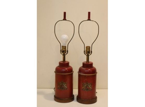 Pair Of English Honi Soit Qui Mal Y Pense Table Lamps Royal Coat Of Arms Of The United Kingdom.