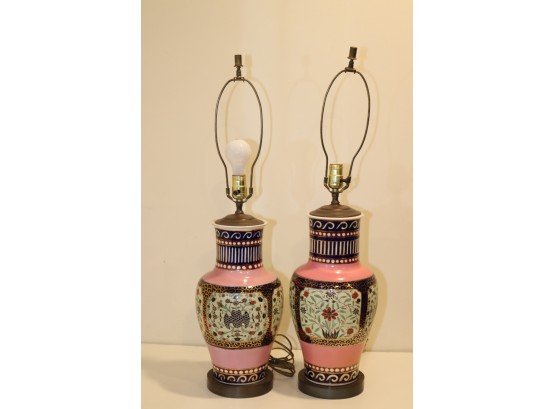 Vintage Pair Of Asian Ginger Jar Lamps Pink Porcelain