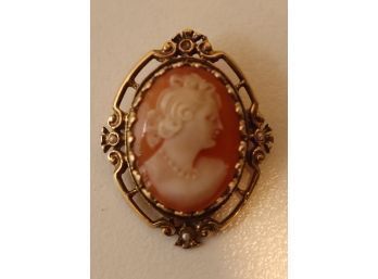 Vintage 14k GOLD ANTIQUE VICTORIAN CARVED SHELL CAMEO BROOCH PENDANT. (AGS-14)