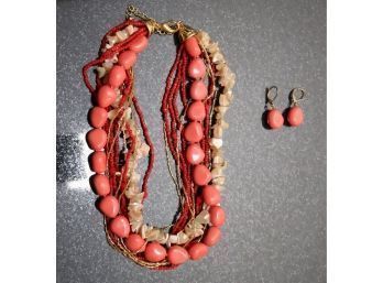 Vintage Beaded Necklace With Gold-tone Chain And Matching Earrings Costume Jewlery  (Vic-3)