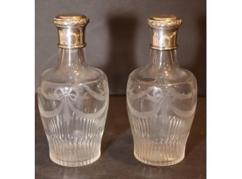 Vintage Silver Top Etched Glass Vanity Bottles Perfume Decanters